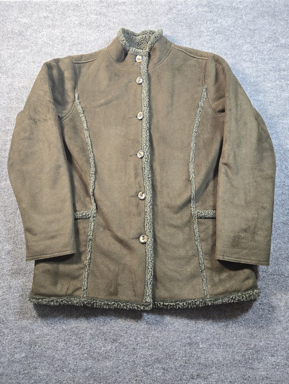 L.L. Bean Faux Suede Sherpa Lined Button Coat Jacket Olive Green Women's L
